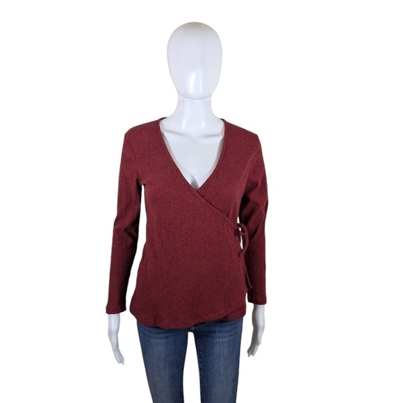 Old Navy Dark Red Ribbed Faux Wrap Blouse Size S - Picture 1 of 4